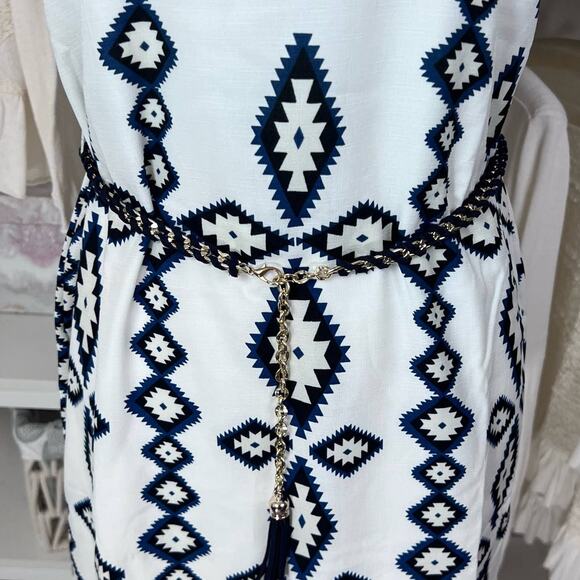 CALS mini dress. sz. Small Black & blue Graphic pattern gold chain belt. #0592 - Picture 3 of 9